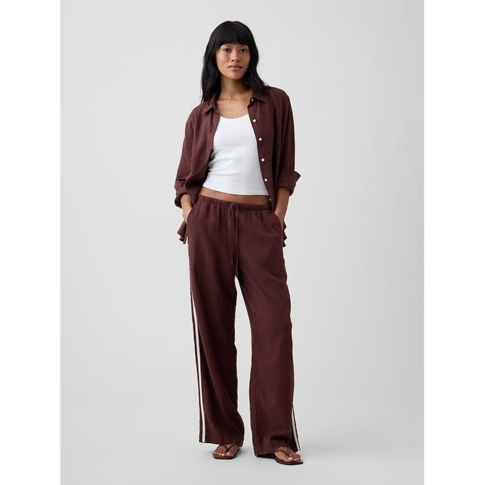 GAP Womens XXL Linen Blend Wide Leg Side Stripe Pants Burgundy Brown 1175337